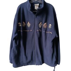 EUC Northern Reflections Large Navy Zip Up Fleece With Birdhouses Applique